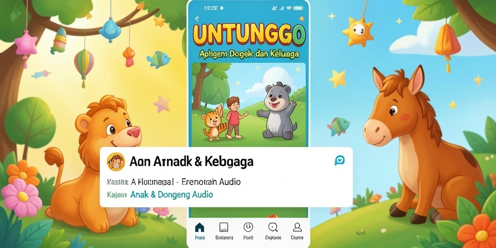 Tampilan antarmuka aplikasi UNTUNGGO dengan pilihan dongeng audio.